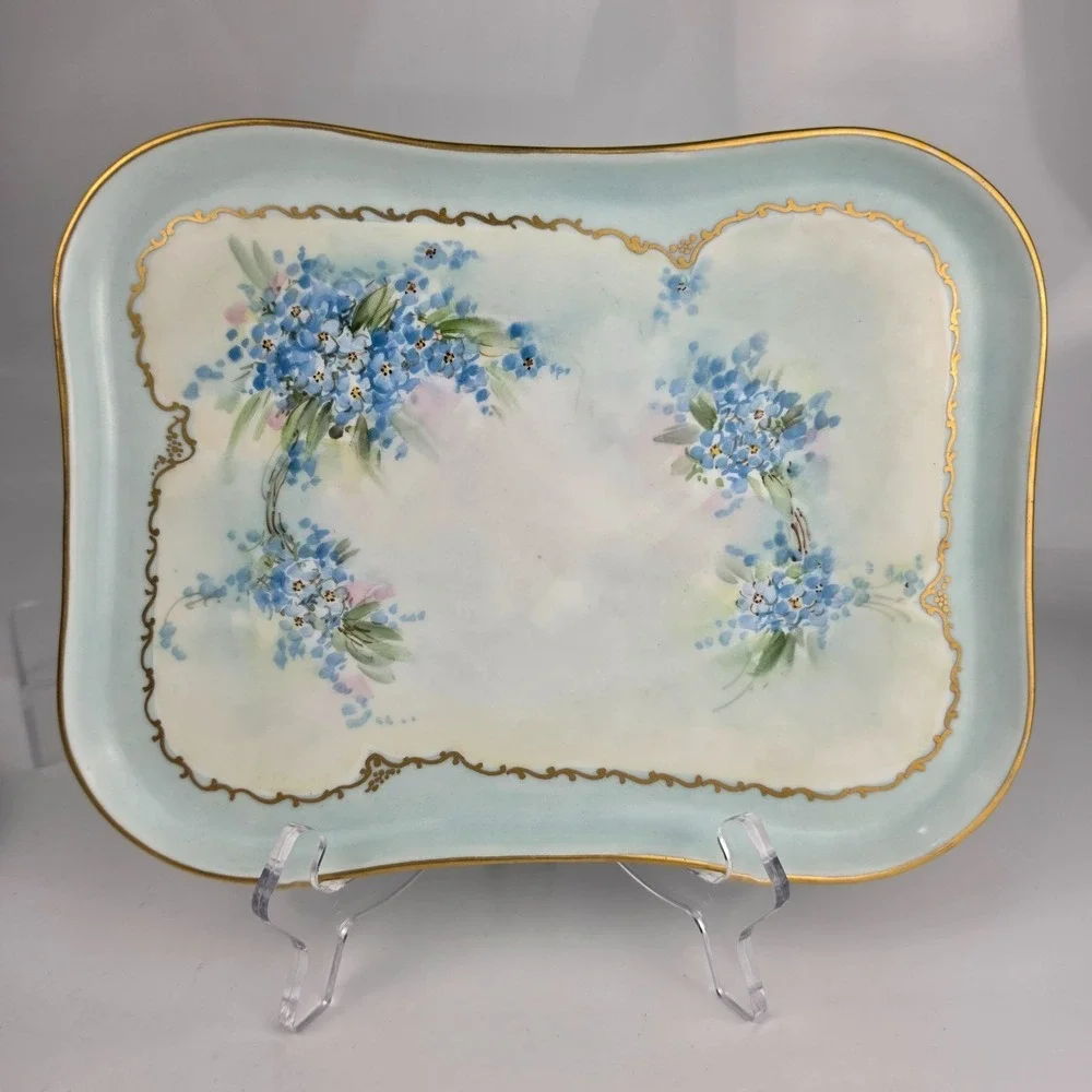 Antique‎ Limoges B&Co France Vanity Set Tray Hair Receiver Forget Me Not Gold